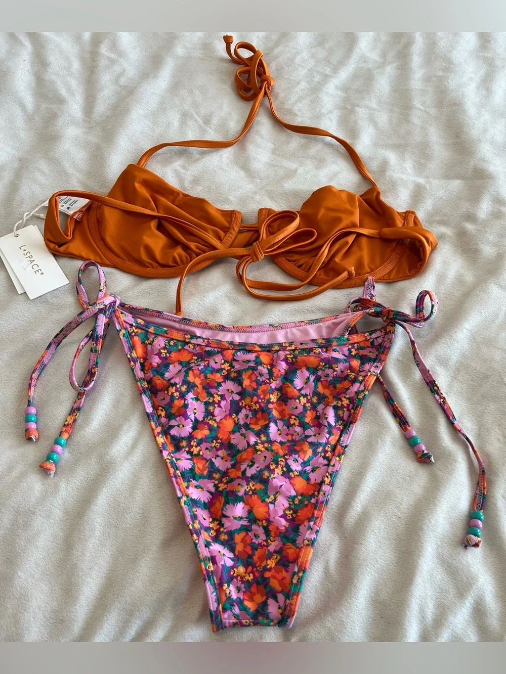 L*Space Bikini Set Toni Top & Levy Bitsy Bottom Large Orange Floral Resortwear